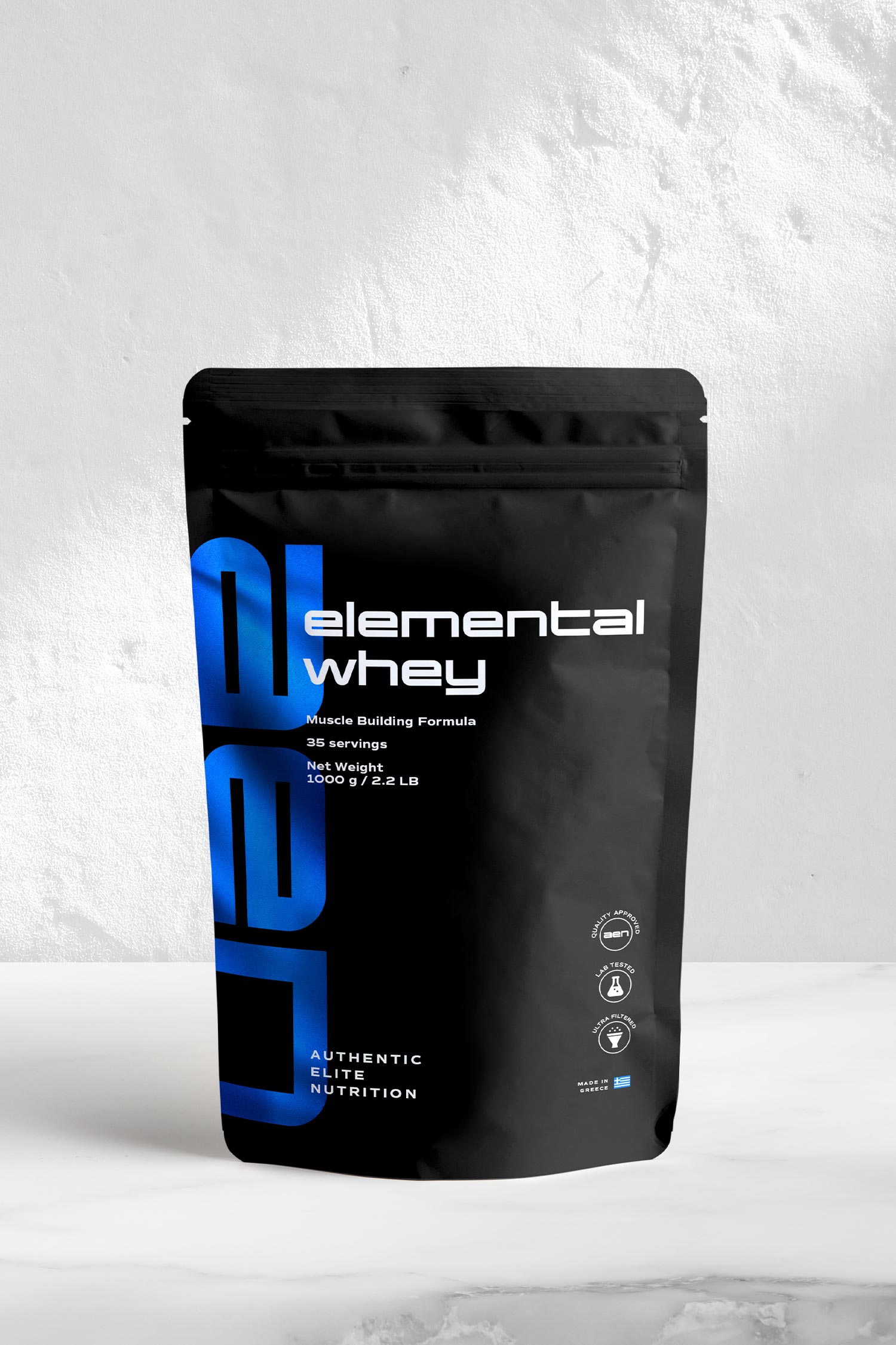 karolina krol studio authentic elite nutrition whey muscle building formula minimalist elegant branding pouch packaging design front
