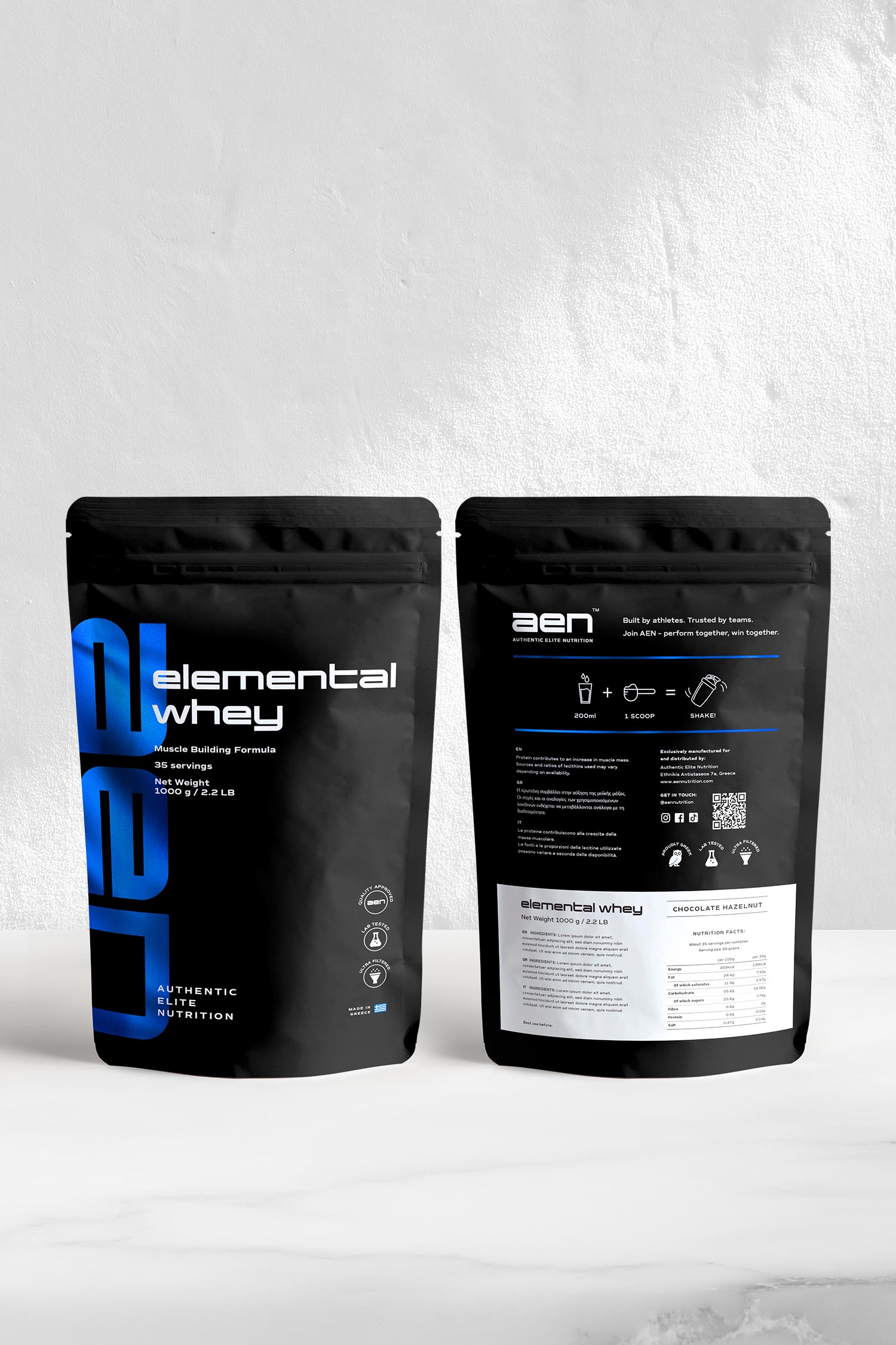 karolina krol studio authentic elite nutrition whey muscle building formula minimalist elegant branding pouch packaging design
