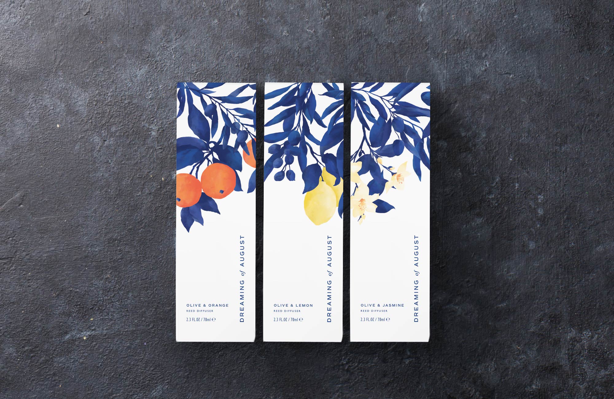 karolina krol studio dreaming of august reed diffuser branding custom illustrated packaging design natural sustainable summery scent
