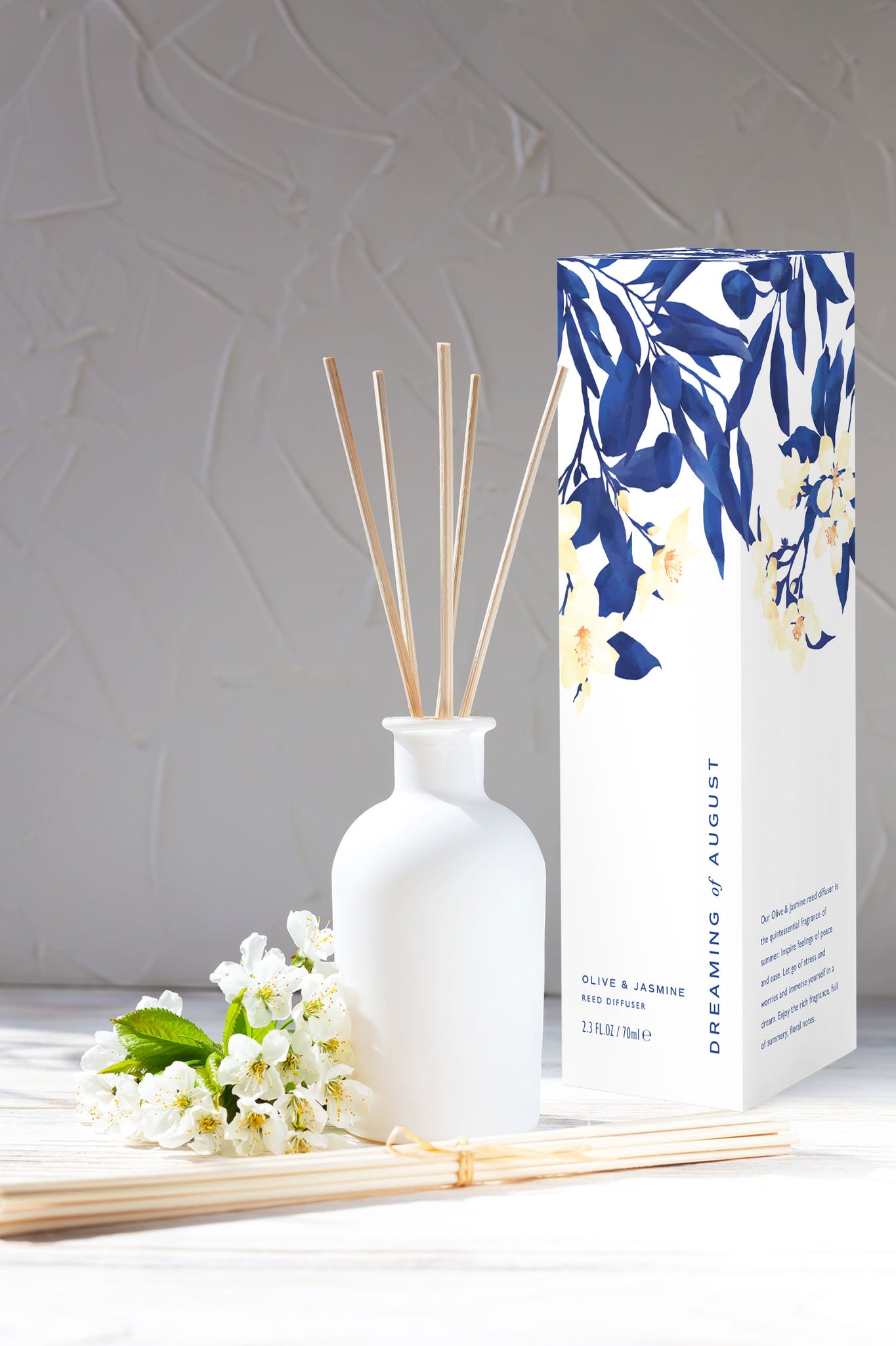 karolina krol studio dreaming of august reed diffuser minimalist branding custom illustrated packaging design natural sustainable jasmine scent
