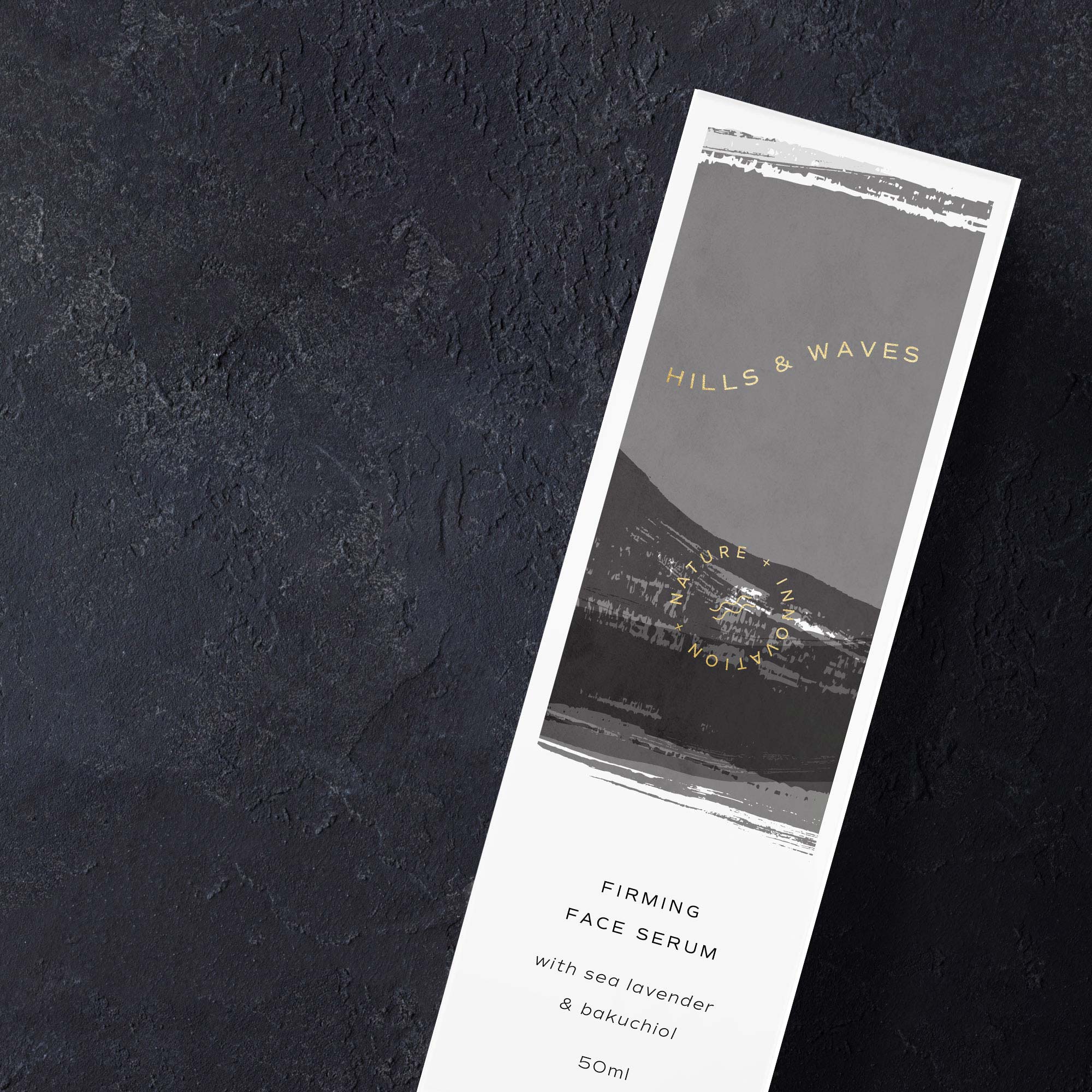 Karolina Król Studio Hills & Waves minimalist identity and sustainable packaging design for a firming bakuchiol face serum 