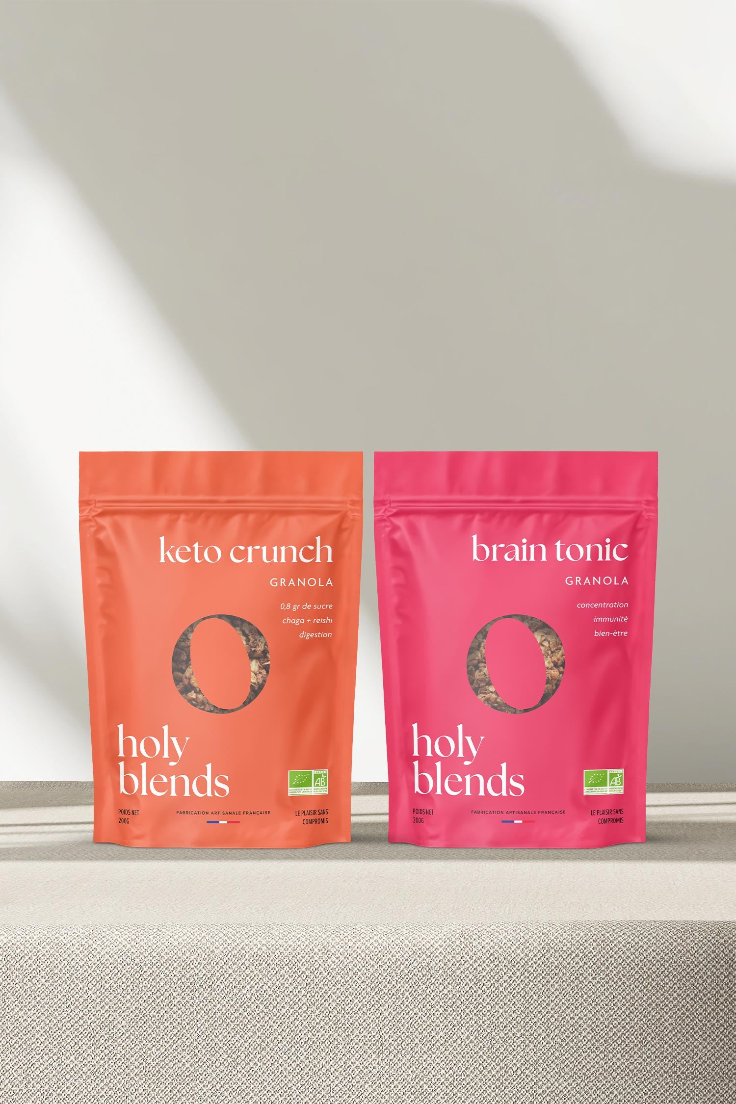 karolina krol studio holy blends brain tonic keto crunch sustainable granola minimalist branding colourful packaging design
