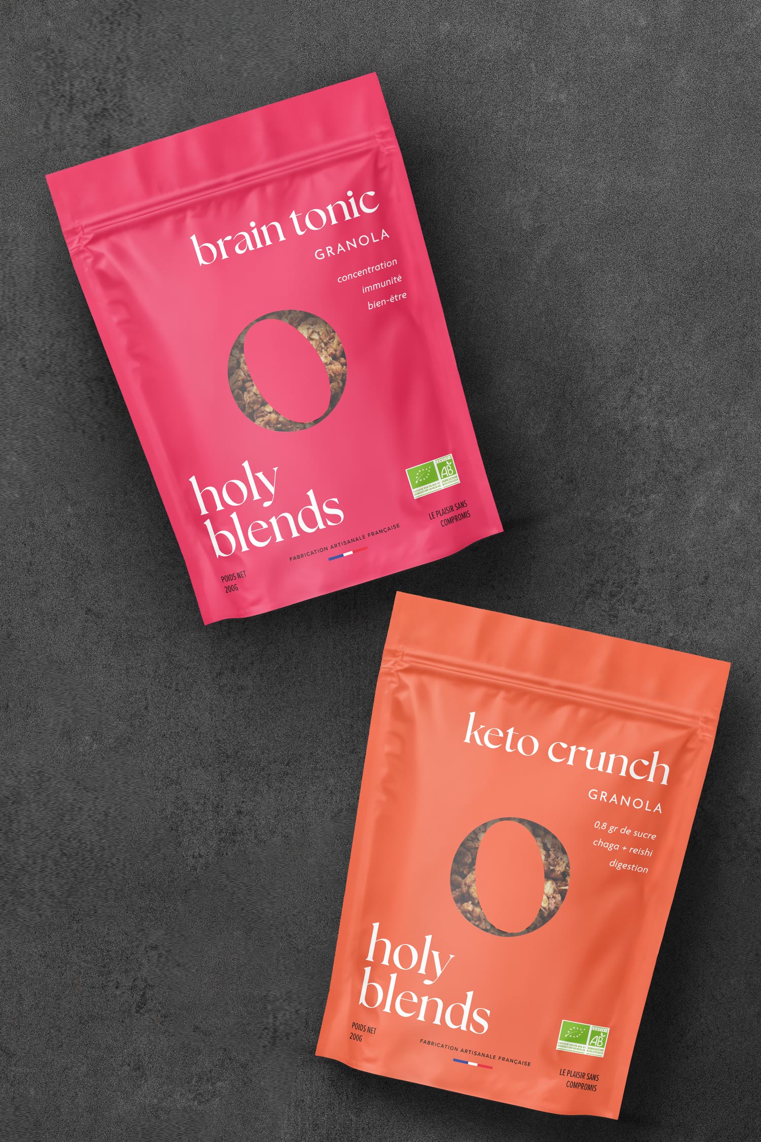 karolina krol studio holy blends brain tonic keto crunch sustainable organic granola minimalist branding colourful packaging design
