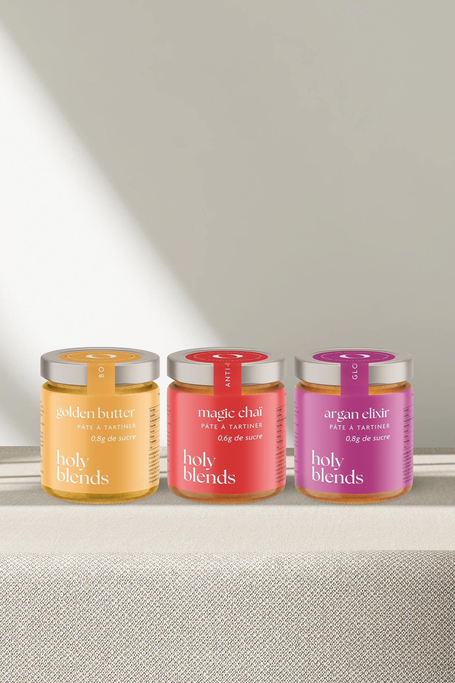 karolina krol studio holy blends golden butter magic chai argan elixir clean ingredients nut butter minimalist branding colourful packaging design
