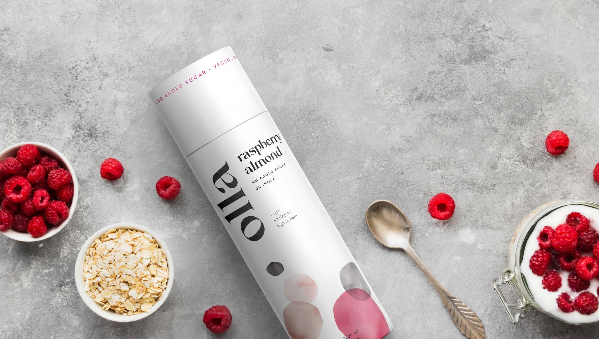 Karolina Król Studio Olla Granola minimalist brand identity and sustainable packaging design for no-sugar-added raspberry almond granola