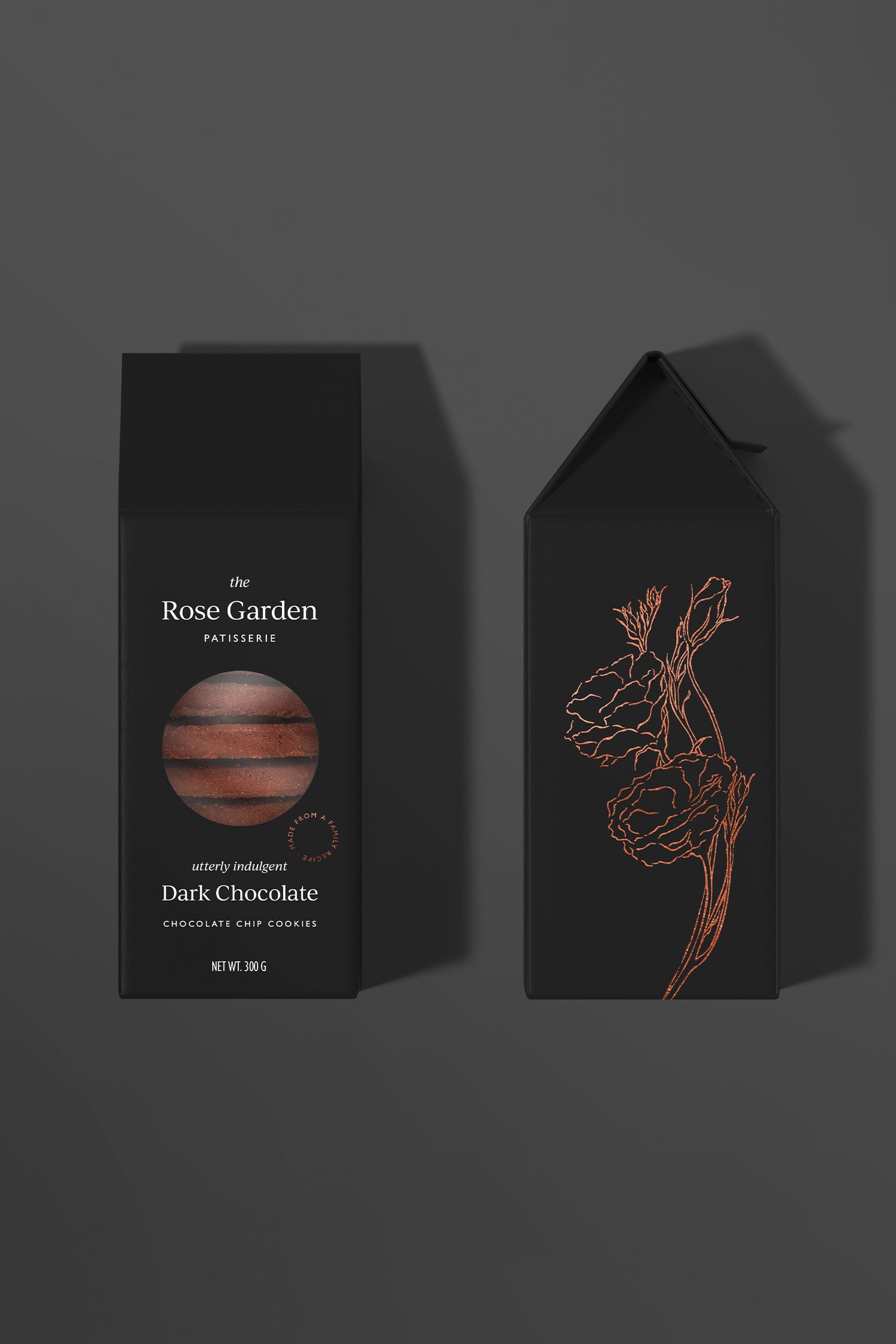karolina krol studio the rose garden patissery minimalist elegant branding packaging design luxurious dark chocolate cookies
