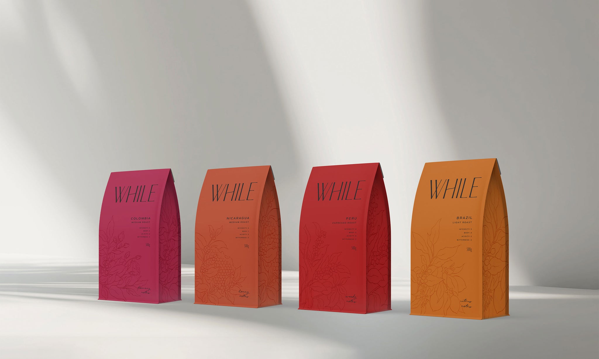 Karolina Król Studio While Coffee minimalist brand identity and custom illustrated packaging design